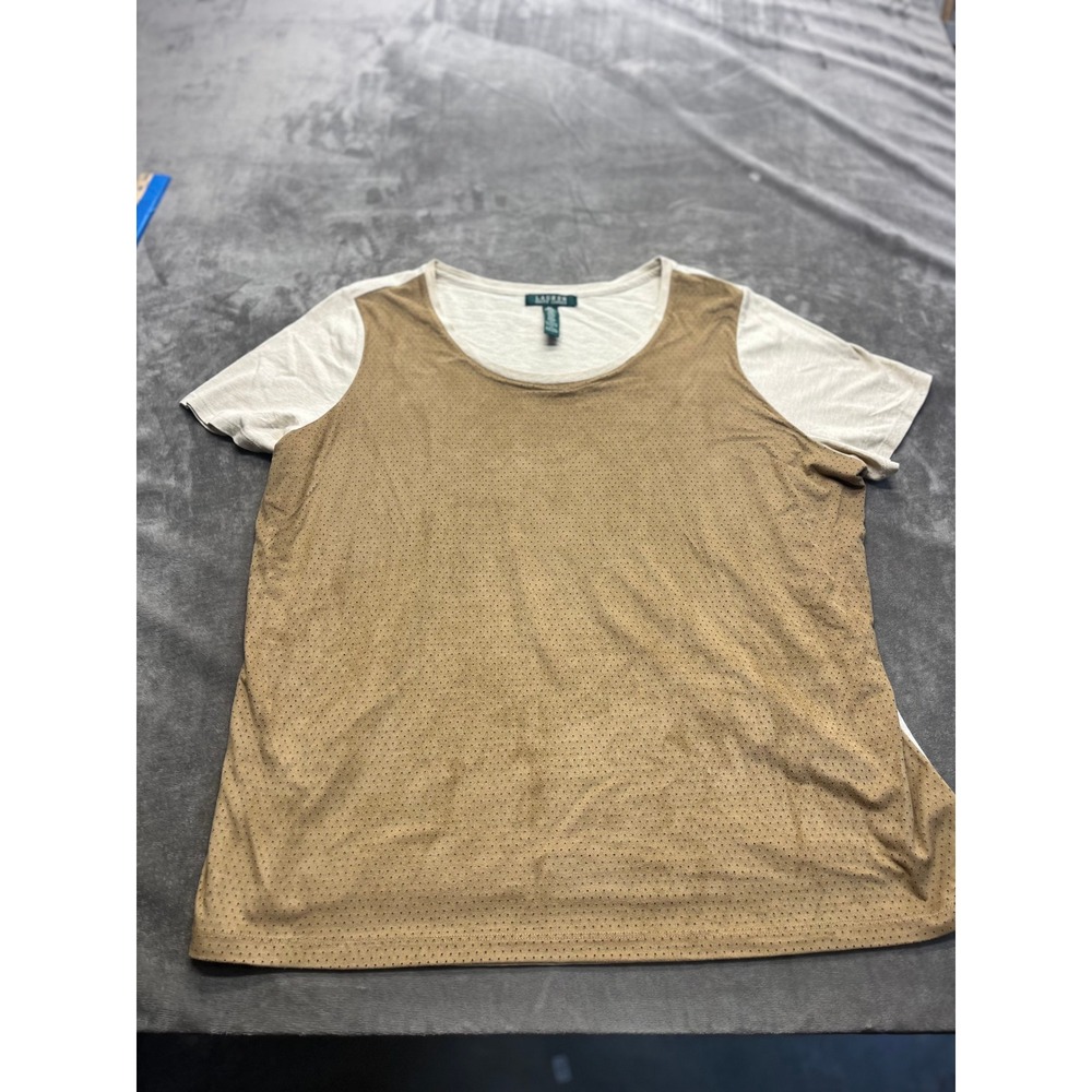 Lauren Ralph Lauren Womens 2X Tan Perforated Faux Suede Mixed Media Top‎ Cream
